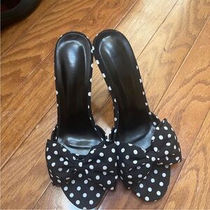 Black Polka Dot Bow Slide Heels - Women's Fashion